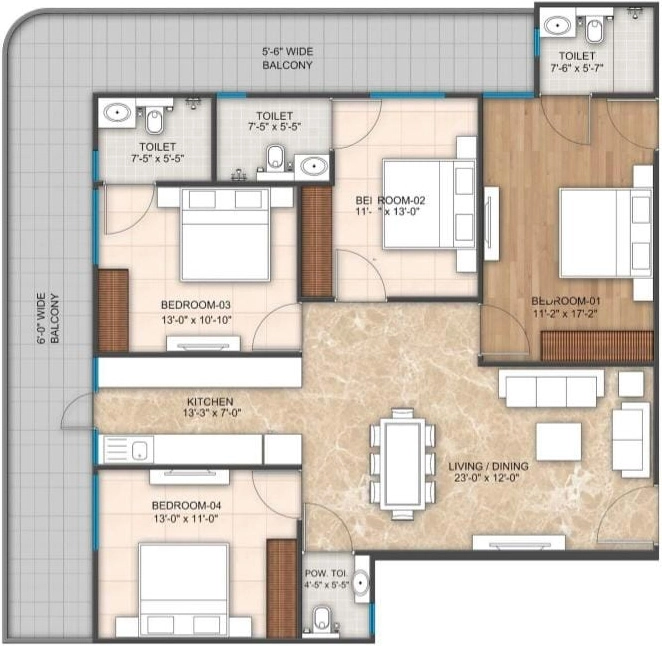 Floot Plan 4BHK 1985 sq.ft.(184.41 sq.m.)
