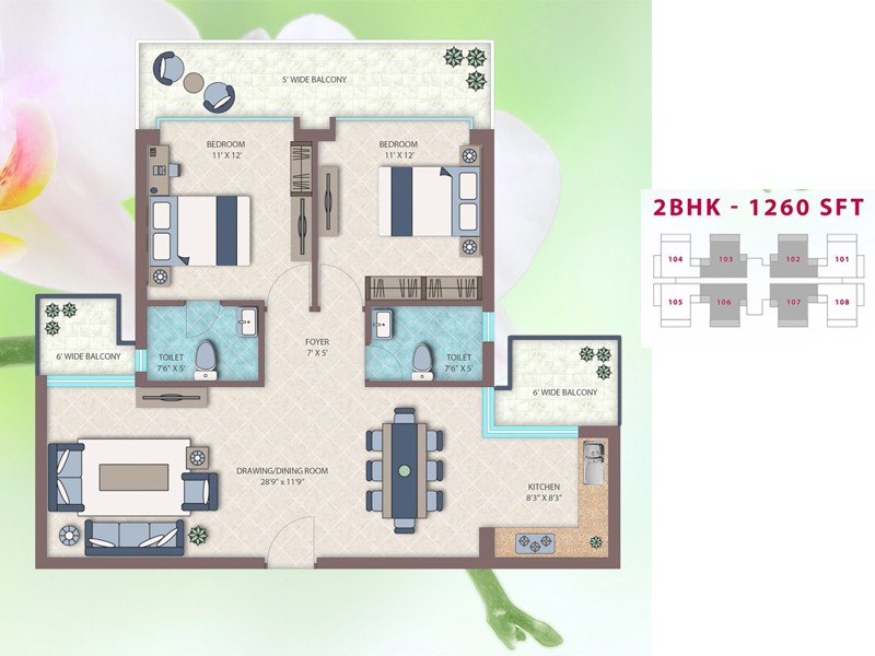 2 Bedroom + 2 Toilet , Saleable Area = 1260 Sq.Ft