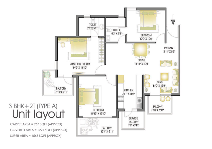 3Bhk+2T - Super Area - 1565 Sq.Ft, Carpet Area -967 Sq.Ft